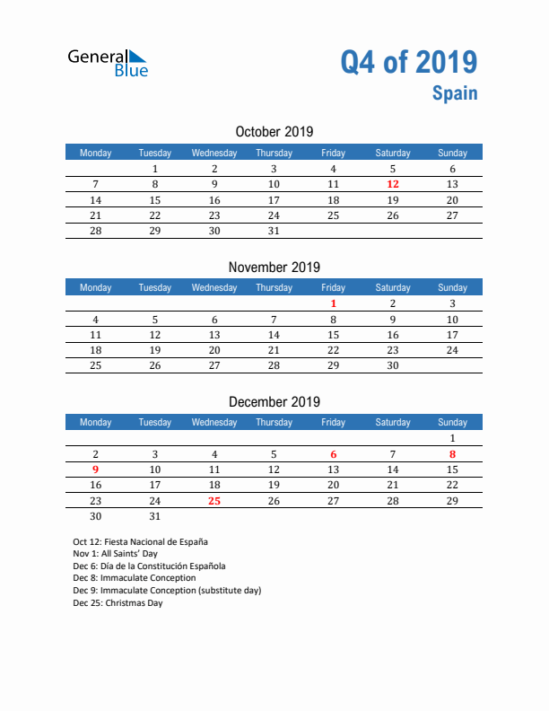 Spain 2019 Quarterly Calendar with Monday Start