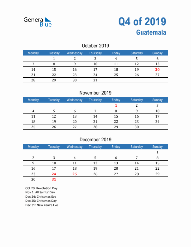 Guatemala 2019 Quarterly Calendar with Monday Start