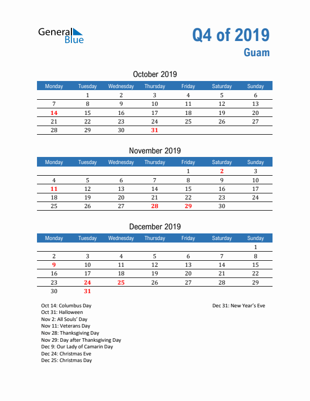 Guam 2019 Quarterly Calendar with Monday Start