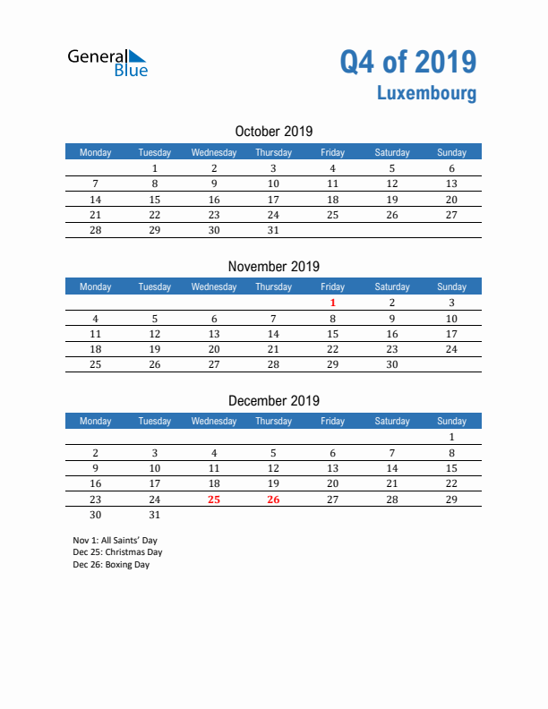 Luxembourg 2019 Quarterly Calendar with Monday Start