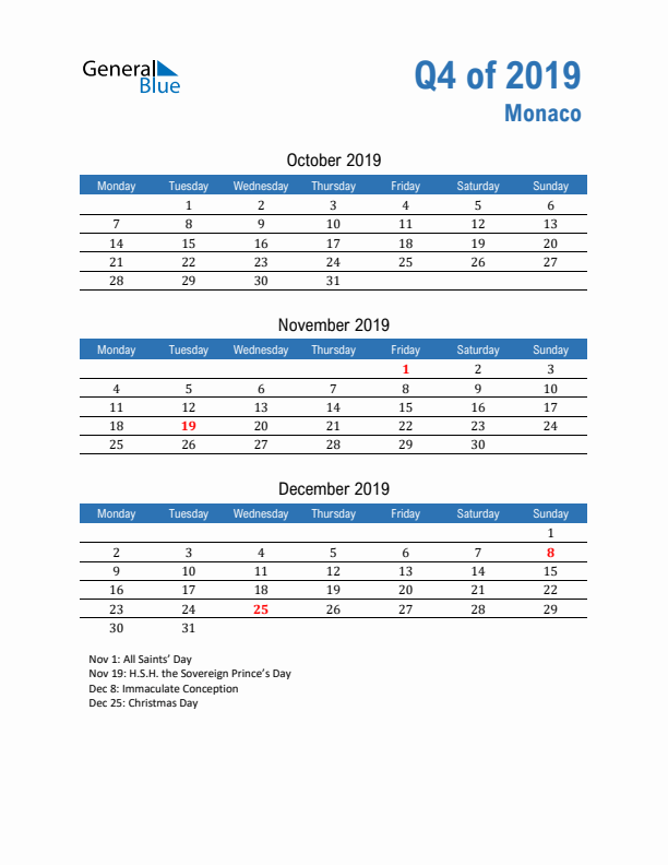 Monaco 2019 Quarterly Calendar with Monday Start