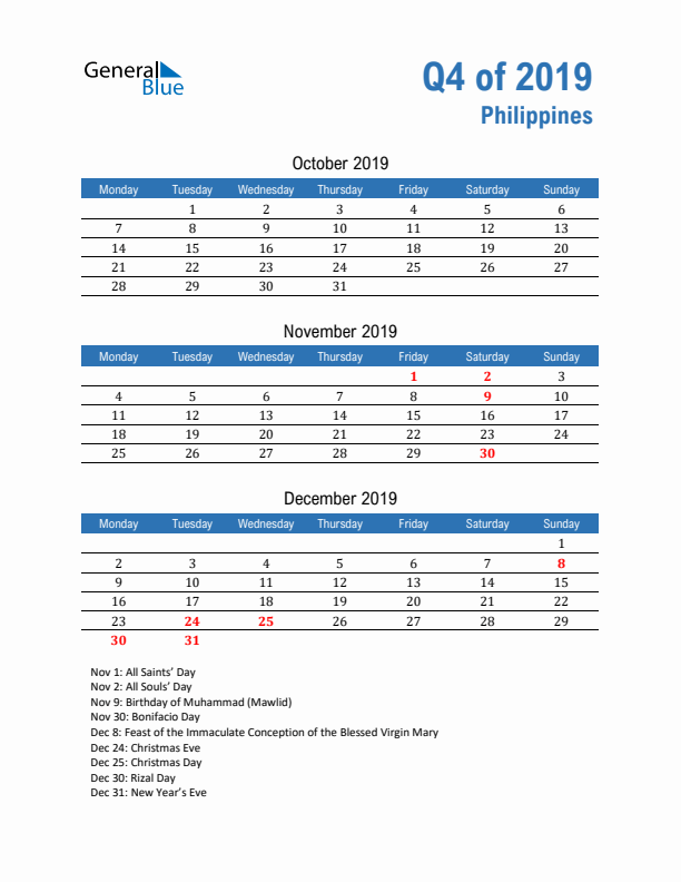 Philippines 2019 Quarterly Calendar with Monday Start