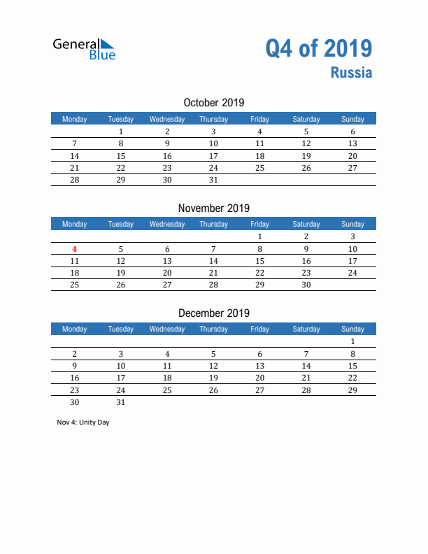 Russia 2019 Quarterly Calendar with Monday Start