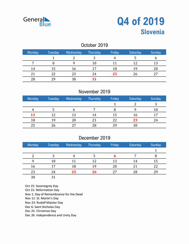 Slovenia 2019 Quarterly Calendar with Monday Start