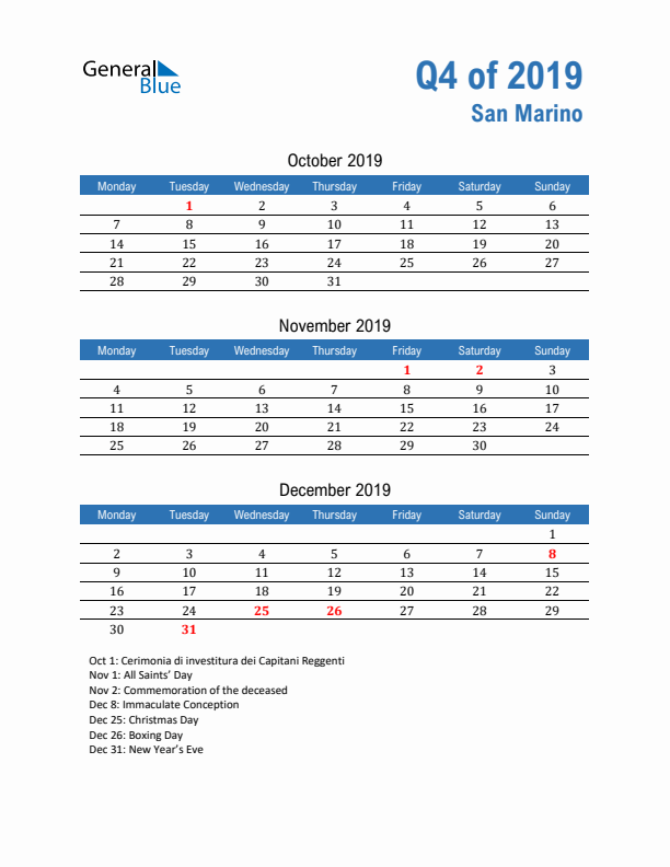 San Marino 2019 Quarterly Calendar with Monday Start