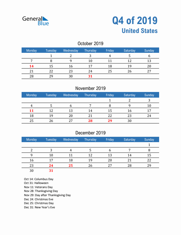 United States 2019 Quarterly Calendar with Monday Start