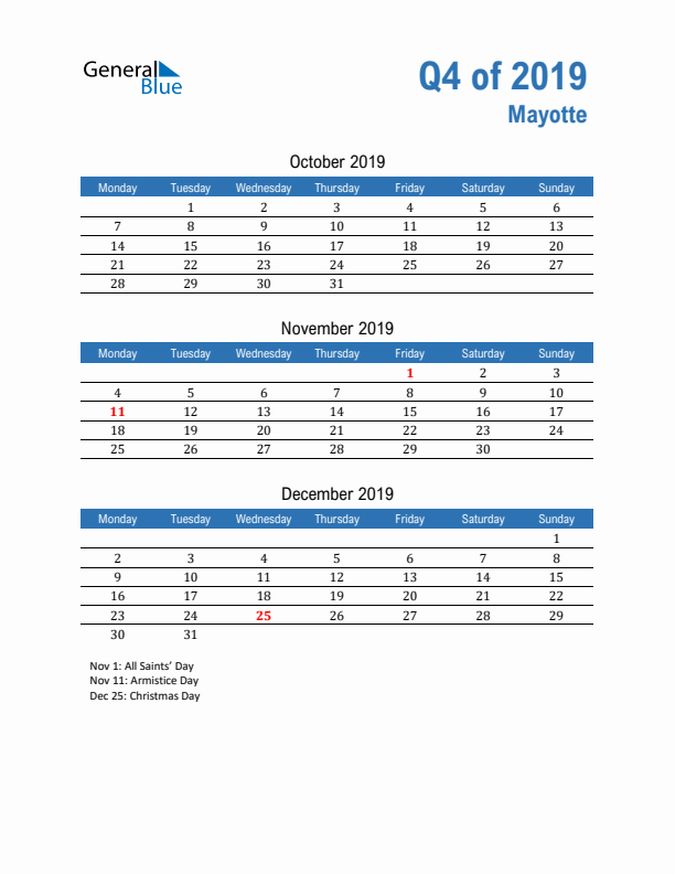 Mayotte 2019 Quarterly Calendar with Monday Start