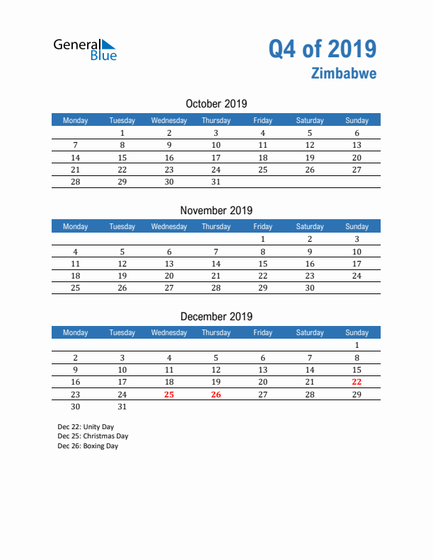 Zimbabwe 2019 Quarterly Calendar with Monday Start