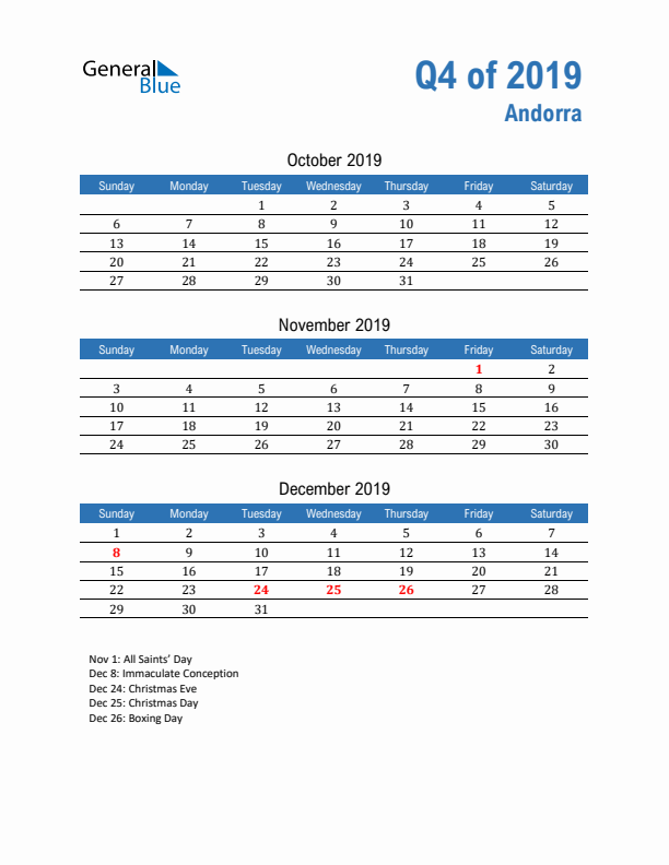 Andorra 2019 Quarterly Calendar with Sunday Start