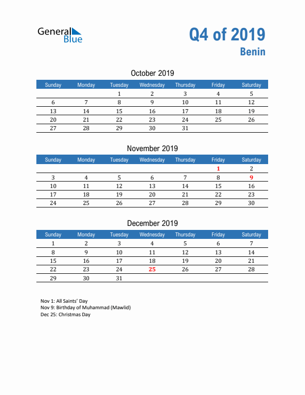 Benin 2019 Quarterly Calendar with Sunday Start