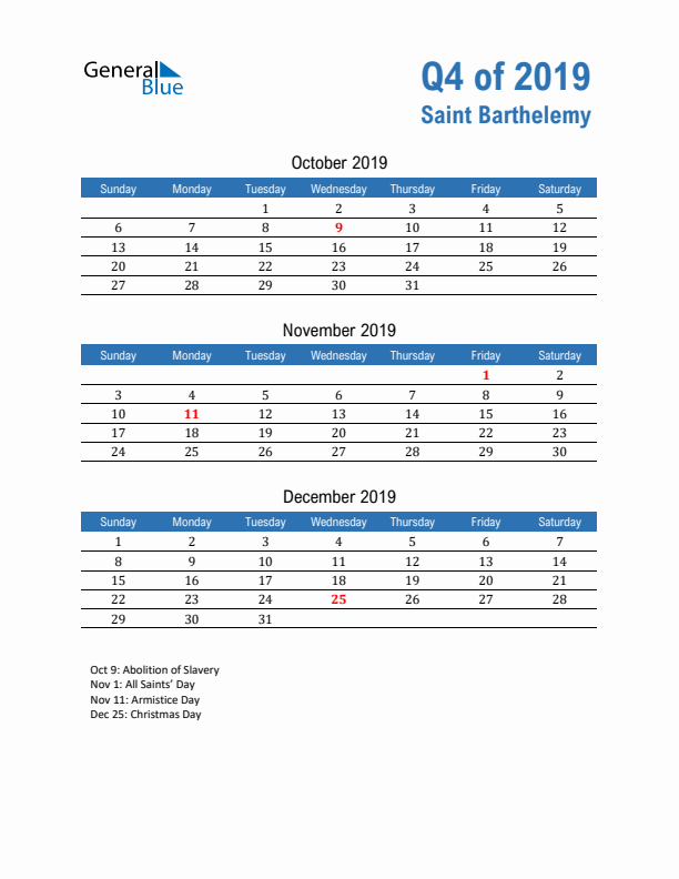 Saint Barthelemy 2019 Quarterly Calendar with Sunday Start