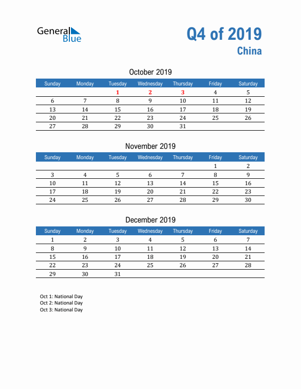 China 2019 Quarterly Calendar with Sunday Start