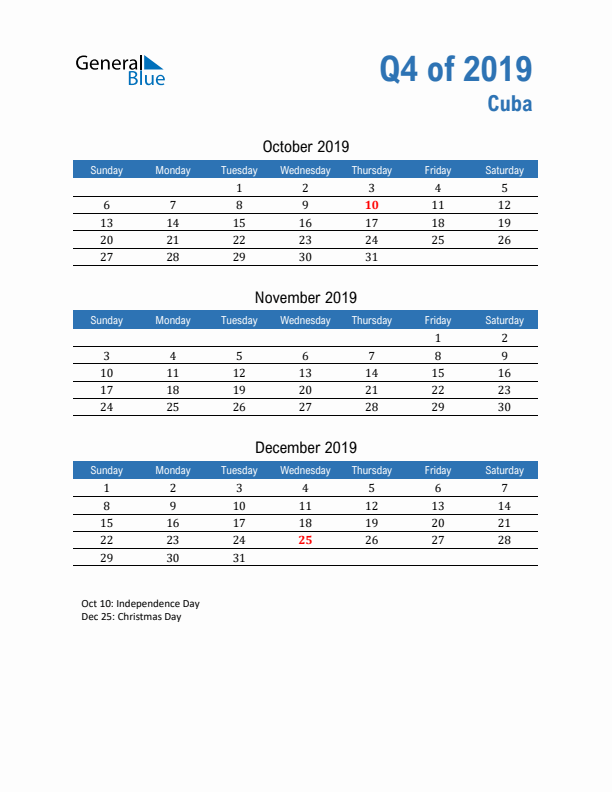 Cuba 2019 Quarterly Calendar with Sunday Start