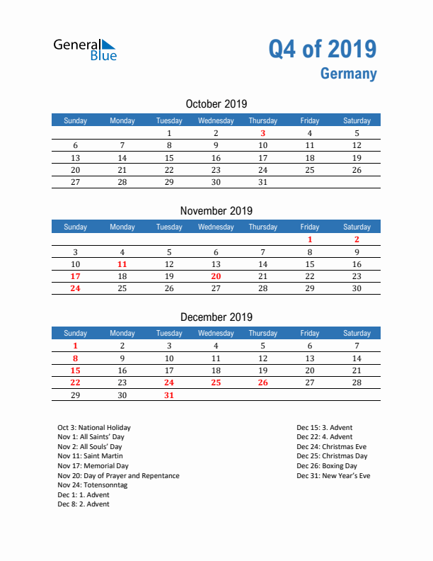 Germany 2019 Quarterly Calendar with Sunday Start