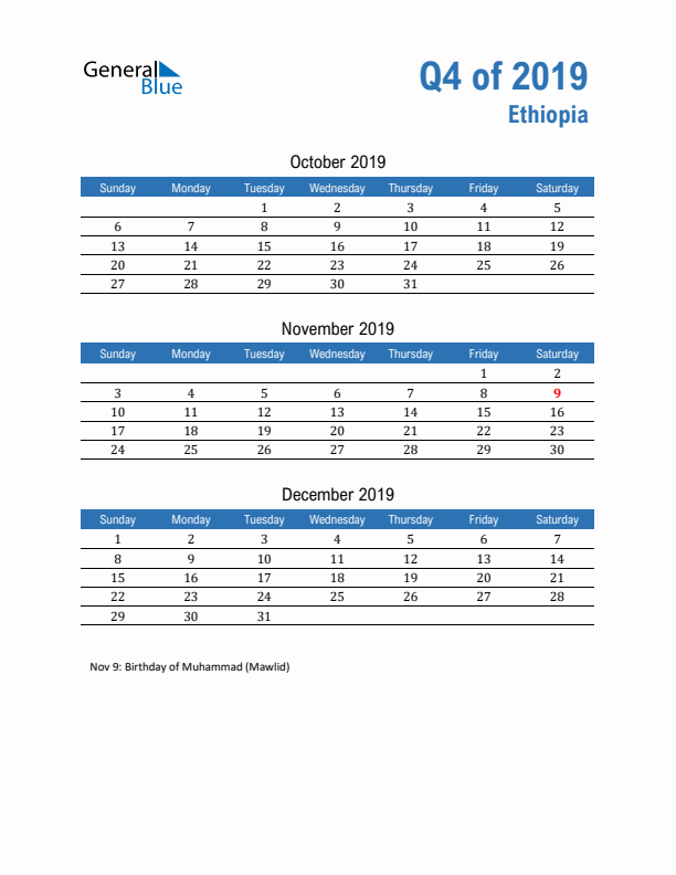 Ethiopia 2019 Quarterly Calendar with Sunday Start