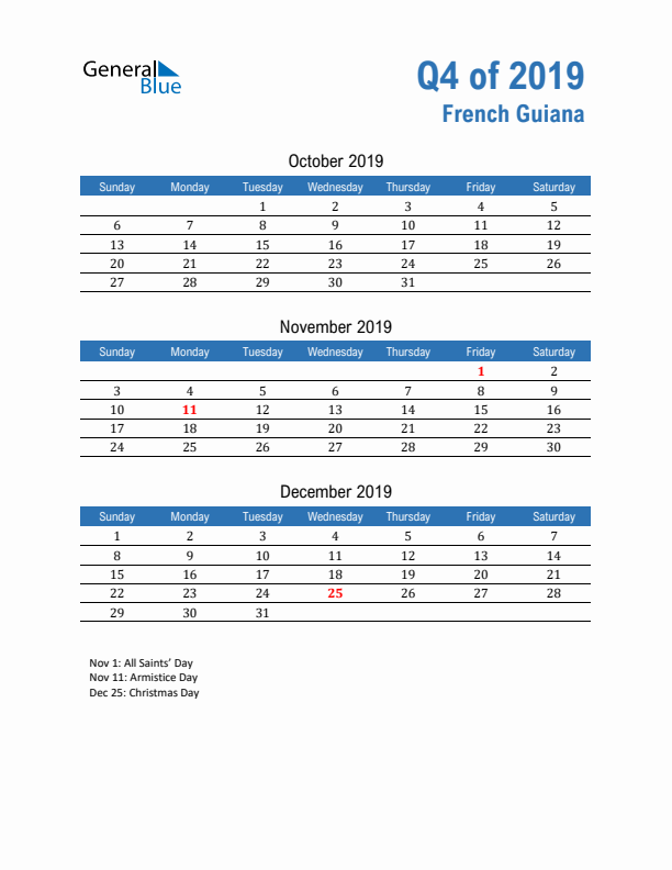 French Guiana 2019 Quarterly Calendar with Sunday Start
