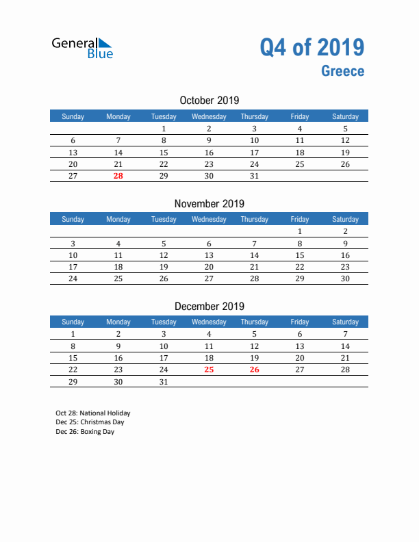 Greece 2019 Quarterly Calendar with Sunday Start