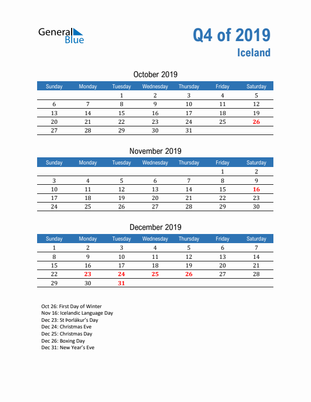 Iceland 2019 Quarterly Calendar with Sunday Start