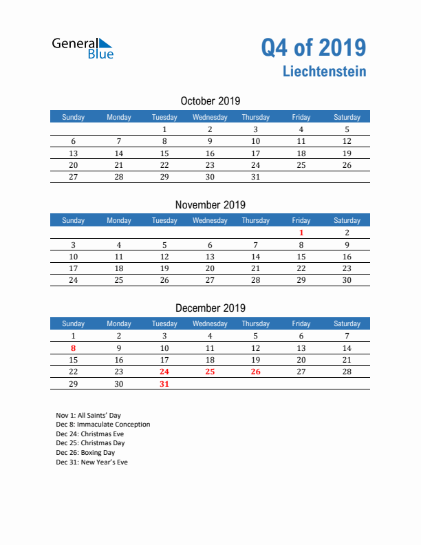 Liechtenstein 2019 Quarterly Calendar with Sunday Start