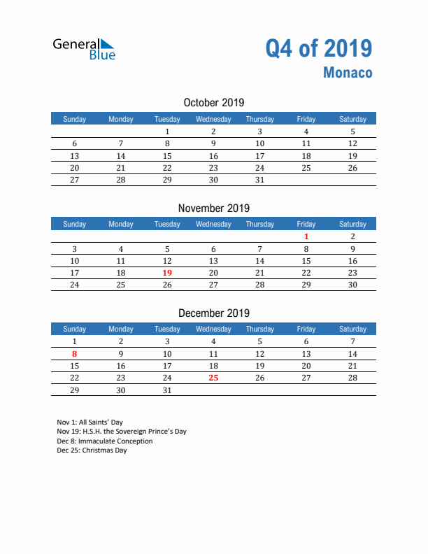 Monaco 2019 Quarterly Calendar with Sunday Start