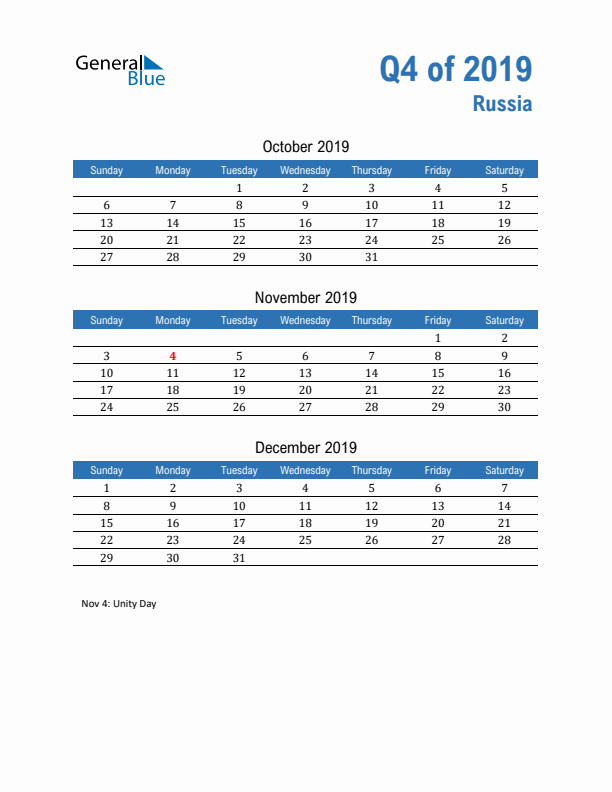 Russia 2019 Quarterly Calendar with Sunday Start