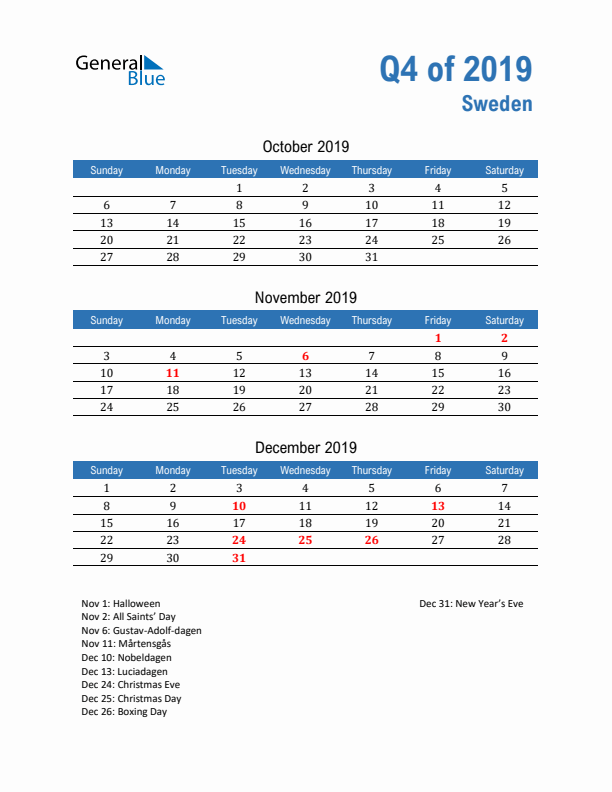 Sweden 2019 Quarterly Calendar with Sunday Start