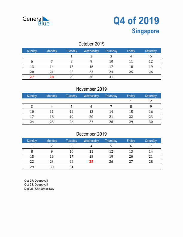 Singapore 2019 Quarterly Calendar with Sunday Start