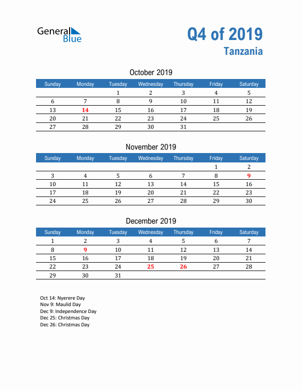 Tanzania 2019 Quarterly Calendar with Sunday Start