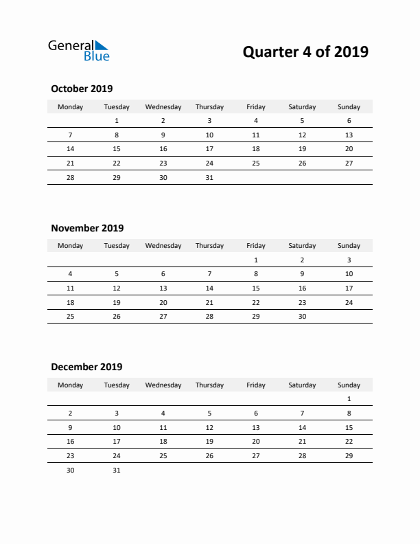 2019 Three-Month Calendar (Quarter 4)