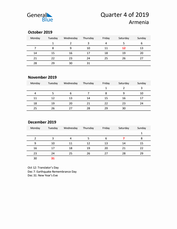 2019 Three-Month Calendar for Armenia