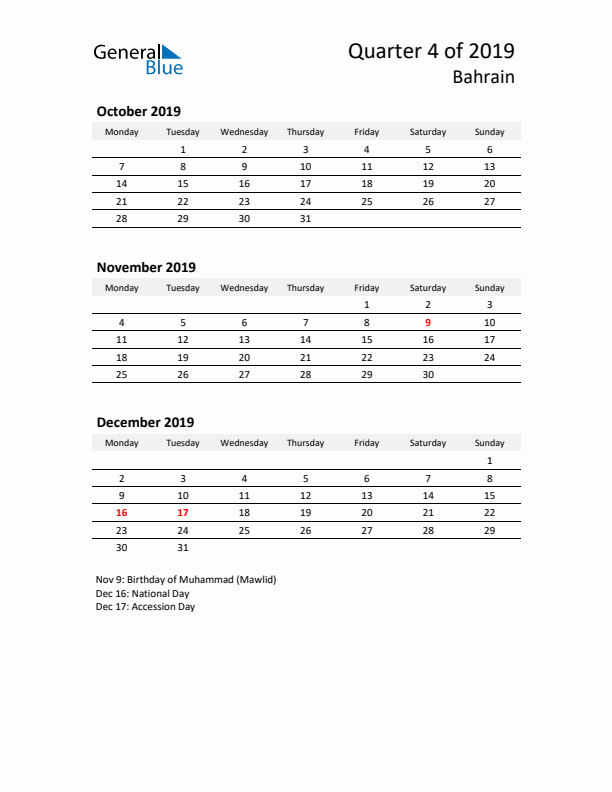 2019 Three-Month Calendar for Bahrain