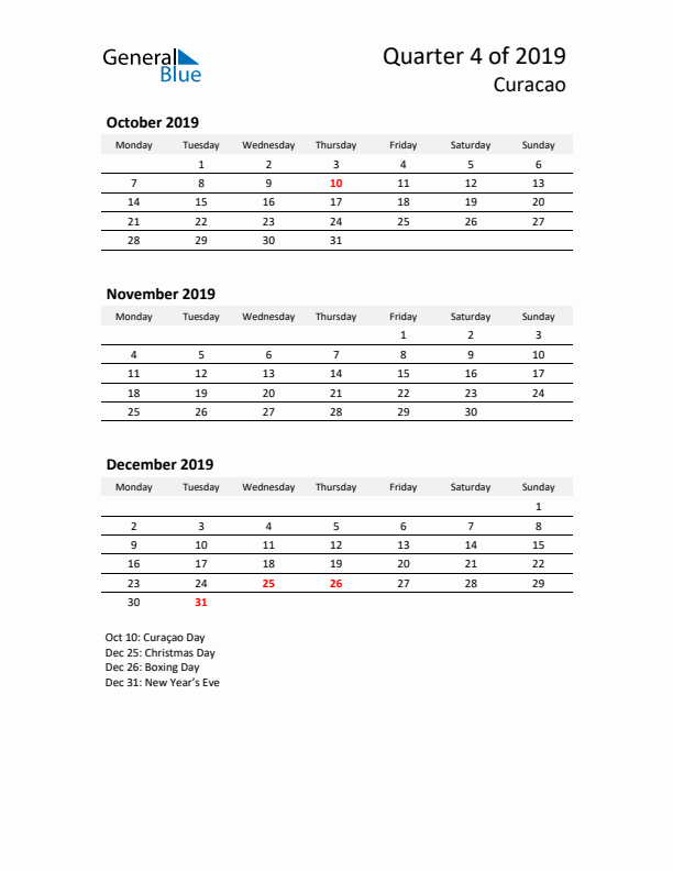 2019 Three-Month Calendar for Curacao