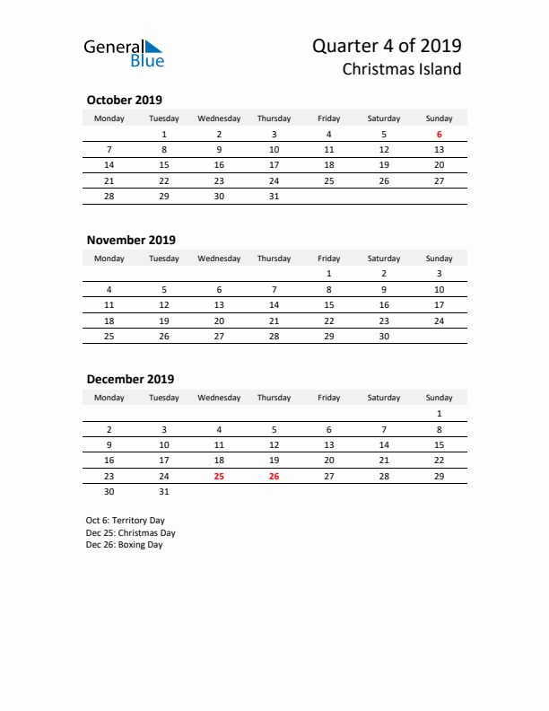 2019 Three-Month Calendar for Christmas Island