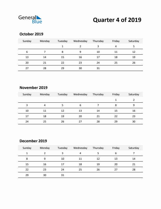 2019 Three-Month Calendar (Quarter 4)