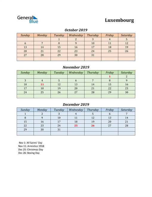  Q4 2019 Holiday Calendar - Luxembourg