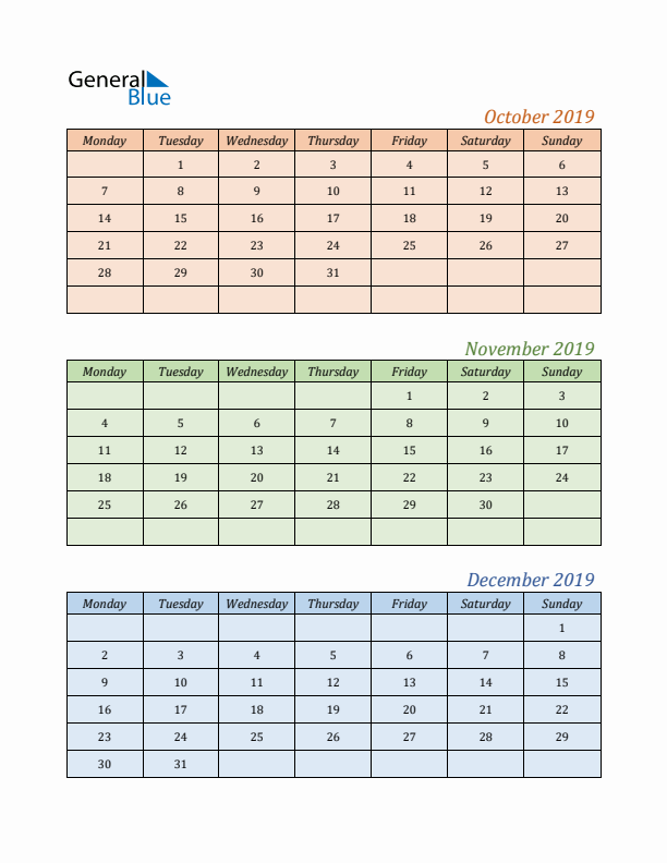Three-Month Calendar for Year 2019 (October, November, and December)