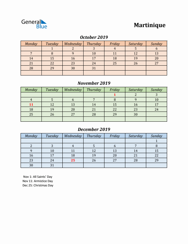 Q4 2019 Holiday Calendar - Martinique