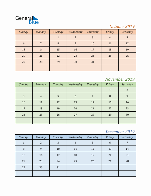 Three-Month Calendar for Year 2019 (October, November, and December)