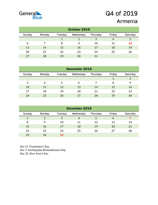  Quarterly Calendar 2019 with Armenia Holidays 