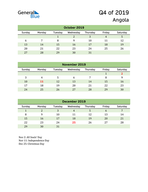  Quarterly Calendar 2019 with Angola Holidays 