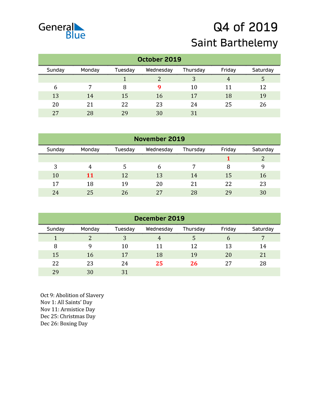  Quarterly Calendar 2019 with Saint Barthelemy Holidays 