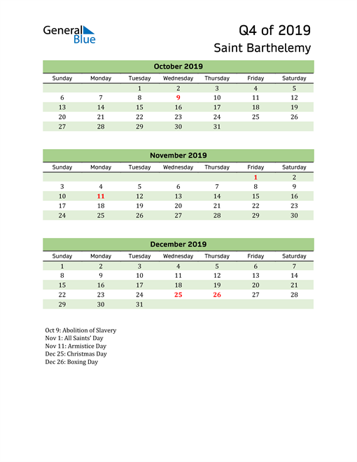  Quarterly Calendar 2019 with Saint Barthelemy Holidays 