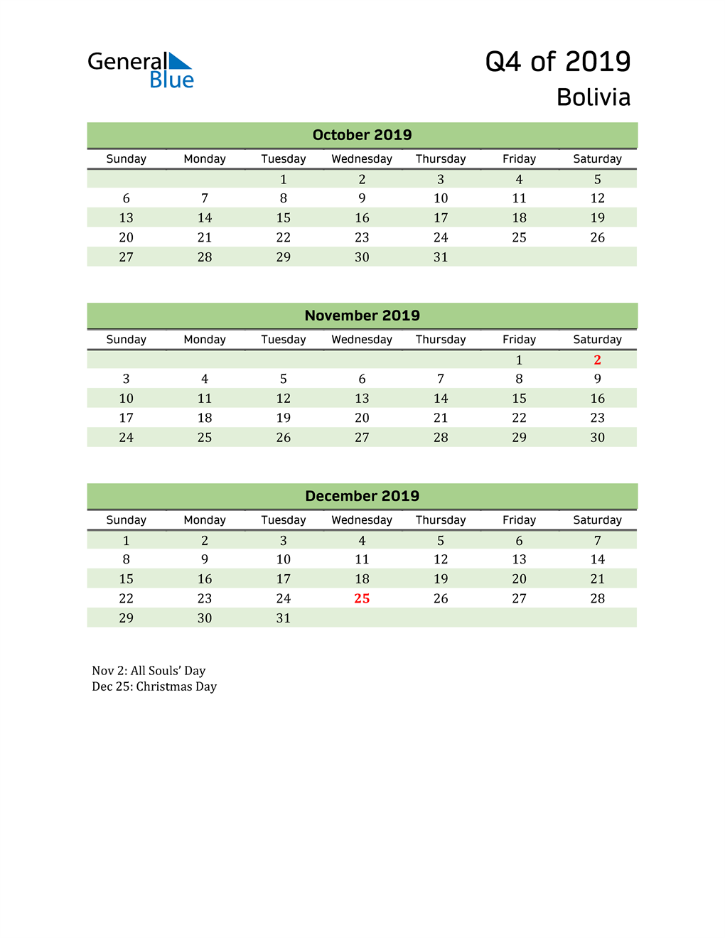  Quarterly Calendar 2019 with Bolivia Holidays 
