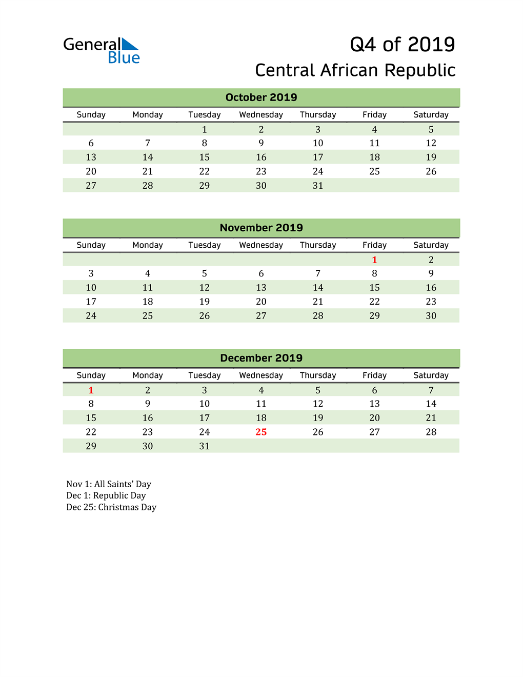  Quarterly Calendar 2019 with Central African Republic Holidays 