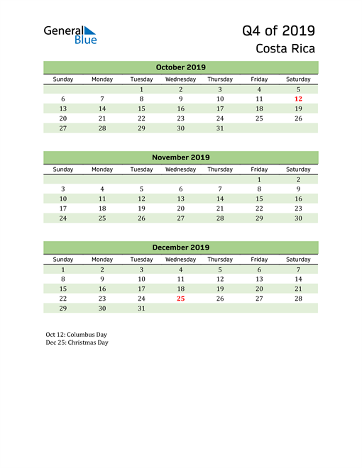  Quarterly Calendar 2019 with Costa Rica Holidays 