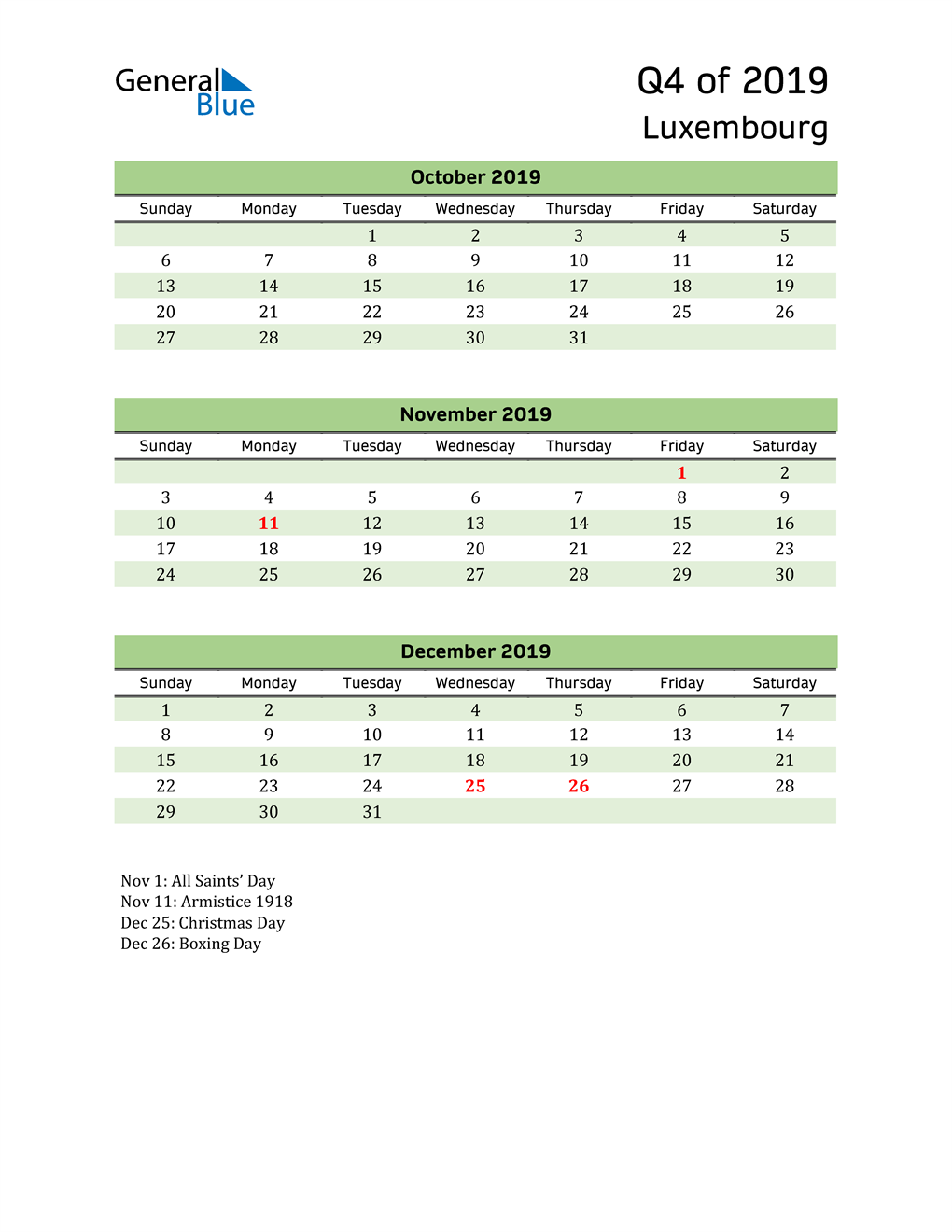  Quarterly Calendar 2019 with Luxembourg Holidays 