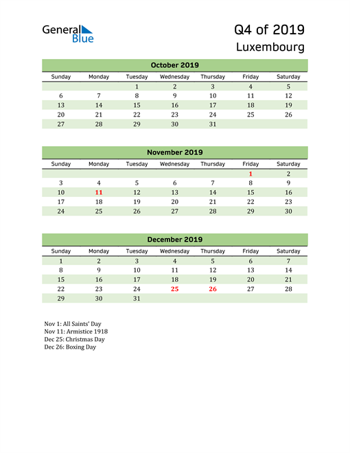  Quarterly Calendar 2019 with Luxembourg Holidays 