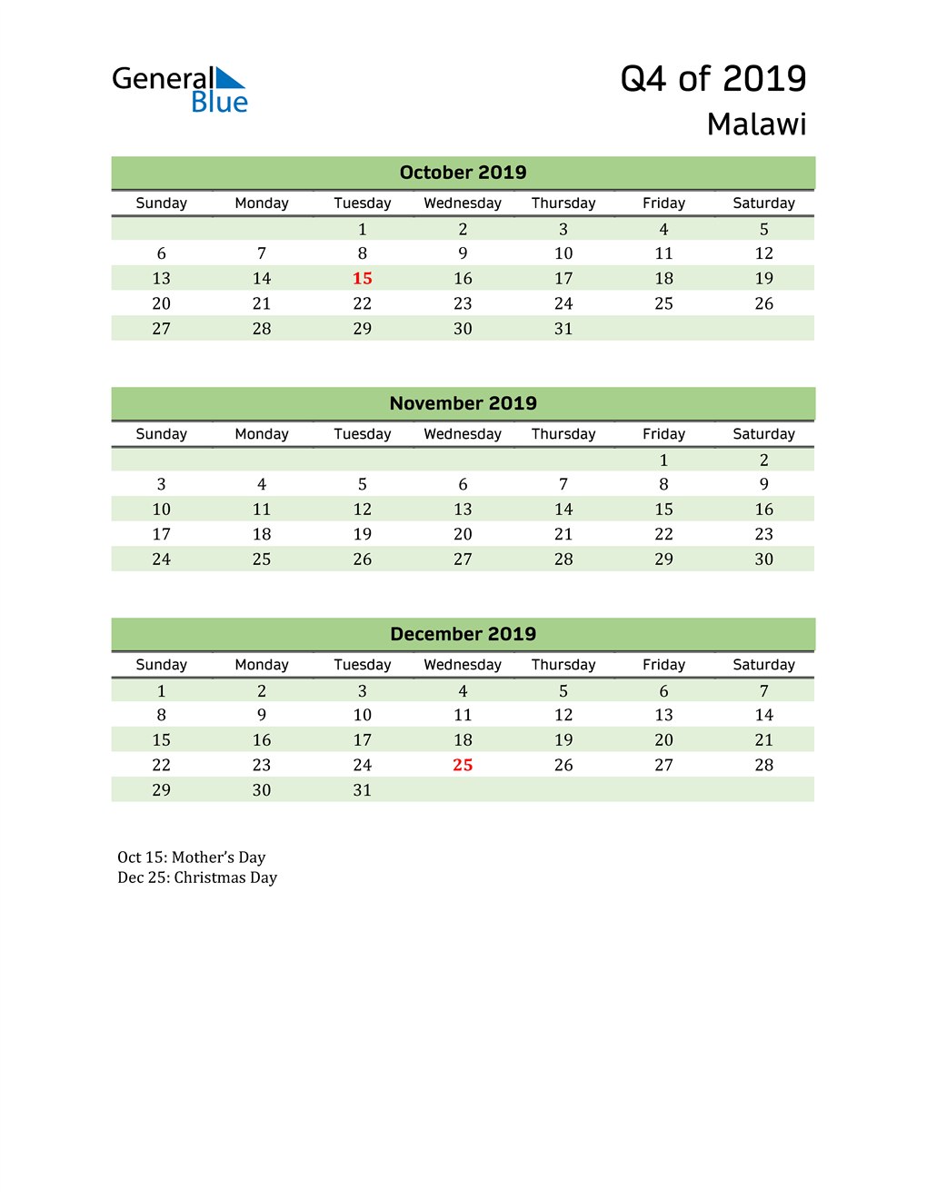  Quarterly Calendar 2019 with Malawi Holidays 
