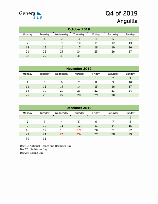Quarterly Calendar 2019 with Anguilla Holidays