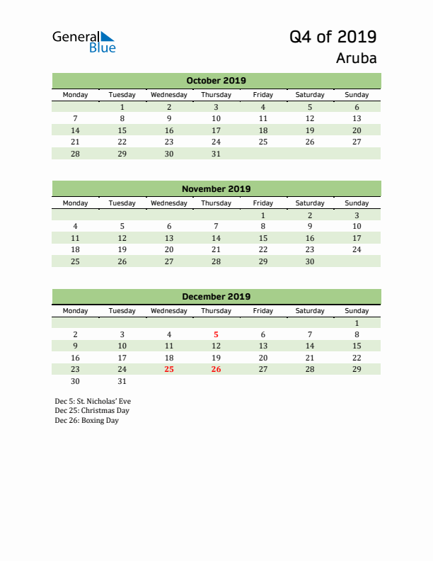 Quarterly Calendar 2019 with Aruba Holidays